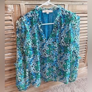 LOFT Floral Blue & Green Blouse with Ruffle Detail (Size XS)